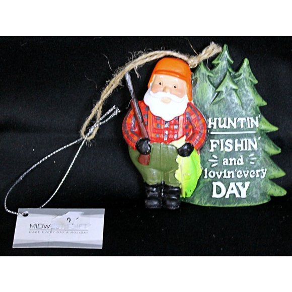 Midwest Holiday Ornament Fishing Santa "Huntin Fishin And Lovin Every Day" Cabin - Picture 1 of 7